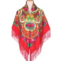 Traditional Russian folk floral print square shawl scarf with elegant fringe for women travel. - Red