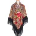 Vintage Bloemen Print Franje Sjaal Grote Vierkante Doek Dames Retro Feest Avond Omslagdoek - Zwart