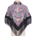 Vintage floral print square scarf with fringe, ethnic style warm shawl for women. - Black