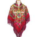 Ethnic floral print square shawl for women, traditional Russian style scarf with rich tassel fringes. - Burgundy