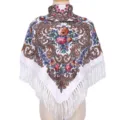 Traditionele etnische bloemenprint vierkante sjaal met elegante lange witte franje. - Wit