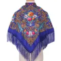 Women vintage floral fringe triangle scarf ethnic style warm winter shawl head wrap design - Sapphire Blue