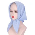 Lightweight blue floral print rhinestone square headscarf 70cm for women daily wear - Light Blue