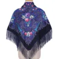 Ethnic vintage floral print warm shawl scarf for women fringe design cozy outerwear - Dark Blue