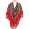 Rode bloemige sjaal met franjes traditionele Russische stijl etnische mantel cape voor dames - Rood