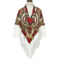 Ethnic style floral print fringe scarf, vintage Russian square shawl, elegant women cape wrap. - Ruyi White