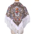 Ethnic floral print square scarf shawl with fringe for women vintage winter warm head wrap - White Khaki