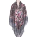 Gray floral print tassel shawl scarf vintage elegant party evening wrap accessory detail - Gray