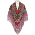 Roze etnische franje sjaal Russische stijl bloemenprint vierkante doek vintage - Ruyi oudroze