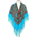Vibrant blue Russian style floral fringe shawl square scarf women elegant vintage wrap cape - Sky Blue