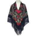 Traditional Russian style floral fringe shawl for women, vintage dark blue printed cape scarf. - Ruyi Black