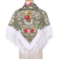 Detailed view of traditional ethnic floral print square scarf with delicate white fringe. - White Green Leaf