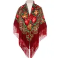 Ethnic floral fringe shawl scarf for women, Russian style vintage cotton winter warm cape. - Burgundy