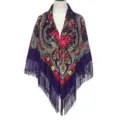 Vintage floral fringe shawl, ethnic style purple large square scarf for women and cheongsam. - Ruyi Purple
