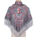 Vintage floral ethnic scarf detail, showcasing intricate paisley patterns and delicate fringe. - Gray