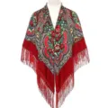 Red floral fringe shawl scarf for women, ethnic Russian style decorative wrap, vintage cape. - Burgundy