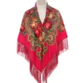 Ethnic floral fringe shawl, vintage Russian style peony scarf, warm winter accessory. - Rose Red