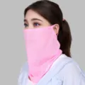 Pink mesh sun protection face mask for women, breathable ear-hanging outdoor neck UV shield. - Pink