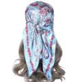 Blue paisley satin hair scarf square head wrap for women elegant fashion 90cm variant - 90x90cm / Sky Blue