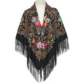 Exquisite floral print and long fringe detail of the retro Russian style warm shawl scarf. - Black