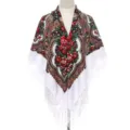 Dames Russische stijl bloemenprint sjaal doek met franjes voor jurk en vakantie reizen. - Wit
