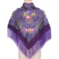 Ethnic floral print purple shawl scarf with fringe vintage style winter warm head wrap - Purple