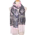 Detailed view of the pink ethnic paisley print scarf with elegant white fringe tassels. - Pink