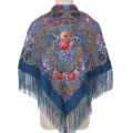 Detailed view of women retro ethnic floral print square shawl scarf with fringe trim cozy. - Turquoise