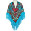 Ethnic floral print tassel shawl scarf, vintage Russian style large square wrap for women. - Ruyi Sky Blue