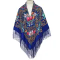 Traditional floral print square scarf with delicate tassels for women autumn winter warm shawl. - Sapphire Blue