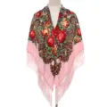 Roze bloemige franje vierkante sjaal, traditionele Russische etnische stijl omslagdoek. - Roze