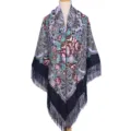 Retro floral printed large square shawl with tassels for women, perfect for parties. - Navy Blue