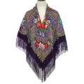 Russian style winter warm shawl scarf women ethnic floral print retro fringe square scarf detail - Purple