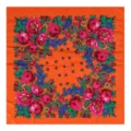 Detailed view of the vibrant orange traditional floral square scarf showing intricate rose and leaf print. - Orange