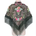 Detailed view of the dark green ethnic retro floral printed square scarf with delicate fringe. - Dark Green