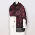 Ethnic paisley print scarf for women, bohemian vintage long tassel shawl, spring autumn warm wrap. - Black
