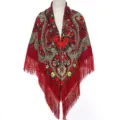 Vintage ethnic floral print fringe shawl for women, classic retro design red winter scarf. - Ruyi Wine Red