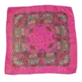 Close-up detail of vintage pink metallic gold silk headscarf with floral border design. - Gold Thread Rose Red