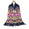 Retro ethnic floral print long shawl scarf with fringe, elegant dark blue design for women. - Navy Blue