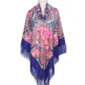 Detailed close-up view of vintage floral print blue shawl with elegant fringe and roses. - Sapphire Blue