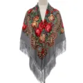 Grey floral fringe shawl, ethnic rose pattern scarf, traditional winter warm cape wrap. - Gray