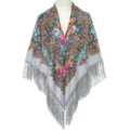 Traditionele etnische bloemen franje vierkante sjaal, vintage Russische stijl katoenen sjaal. - Groot nr. 9 grijs