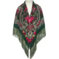 Vintage floral fringe shawl, dark green Russian style rose print wrap scarf for women. - Ruyi Army Green