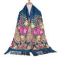 Vintage floral print fringe shawl bohemian long scarf for women elegant blue warm wrap - Har Cyan