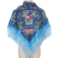 Detailed view of women retro floral square scarf with fringe, ethnic vintage warm winter shawl. - Sky Blue