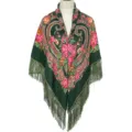 Close-up detail of dark green floral fringed shawl, showcasing ethnic pattern and soft fabric texture - Army Green With Heart Buckle