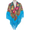 Vibrant blue traditional floral shawl with tassel fringe, perfect for autumn and winter warmth. - Sky Blue