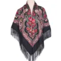 Vintage floral print tassel shawl black square scarf women ethnic wrap cape cloak - Black