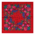 Detailed view of the Russian ethnic floral square scarf showing vibrant pink roses and red fabric. - Red