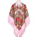 Russian style floral print pink shawl vintage fringe scarf women elegant winter wrap - Pink